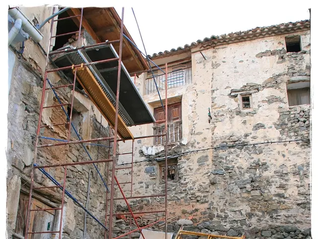 In this image I can see flowering plants, stone fence, metal rods, buildings and the sky. This...