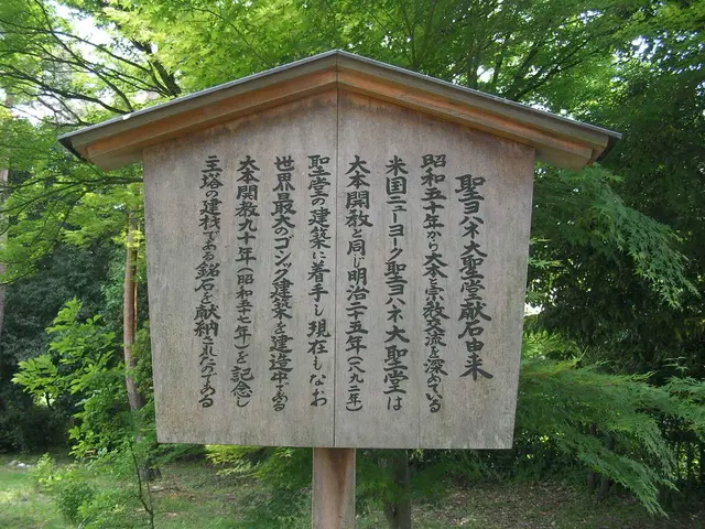 In front of the image there is a wooden pole with a board and roof. There is text on the board....