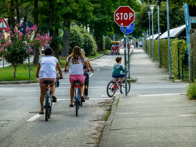 In this image we can see people riding bicycles and there are sign boards. In the background there...