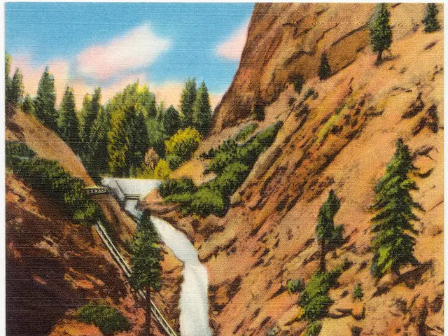 This is an animated picture. In this picture there are trees, hill, staircase and a waterfall.