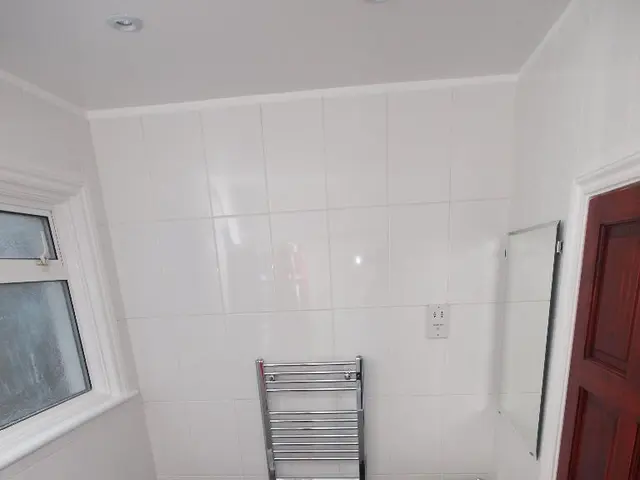 In this image I can see the black colored floor, a toilet seat, a flush tank, two sinks, the white...