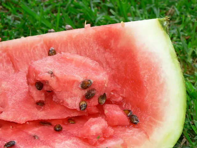 In this image we can see a watermelon on the grass.