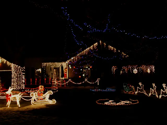 In this image there are some houses decorated with some lights as we can see in the middle of this...