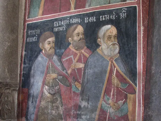 There is a painting in which, there are three persons in different color dresses standing and there...