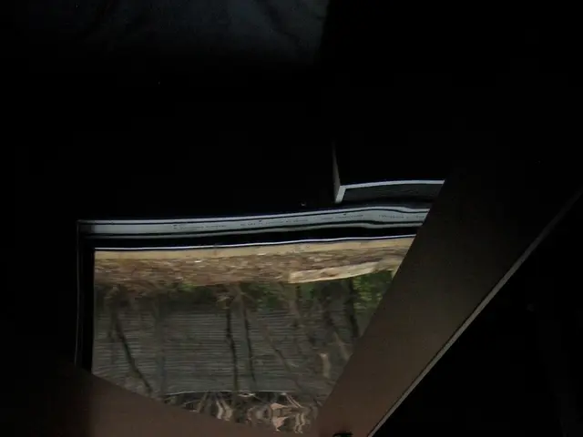 There is a glass window and there is a building and trees in the background.