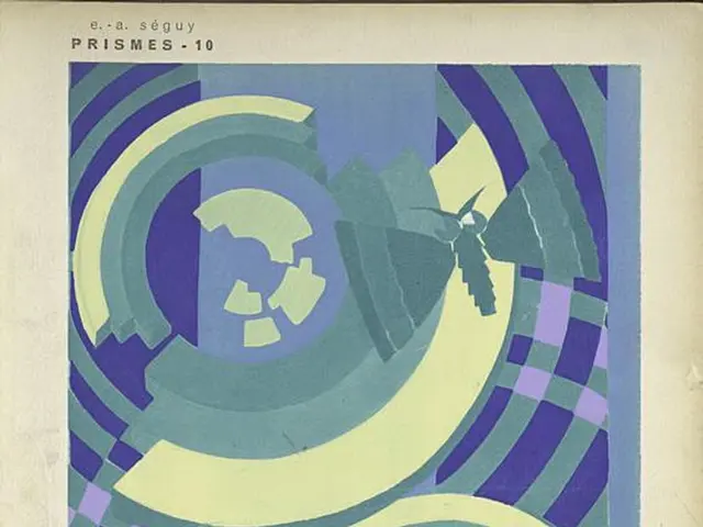 In this image I can see the painting which is cream, green, blue and purple in color on the cream...