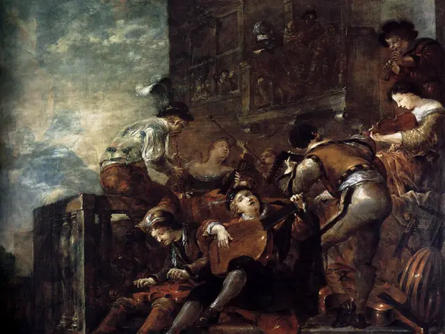 The image shows a painting of a group of people playing musical instruments in a room, with a wall...