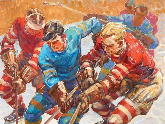 The image shows a painting of a group of people playing hockey on an ice rink, each of them holding...