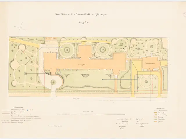 The image shows a plan of a park with a lot of trees and bushes, as well as text written on the...