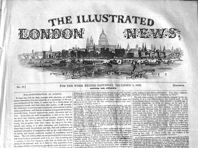 The image shows an old newspaper with a picture of a boat in the water, surrounded by buildings and...