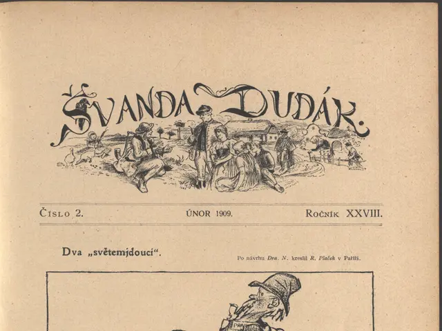 The image shows an old book with a drawing of a man and a woman on it. The man is wearing a hat and...