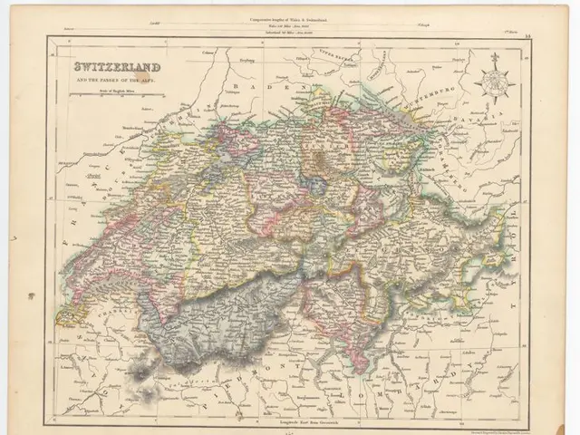 The image shows an old map of Switzerland and the Passers of the Alps, with text written on it. The...