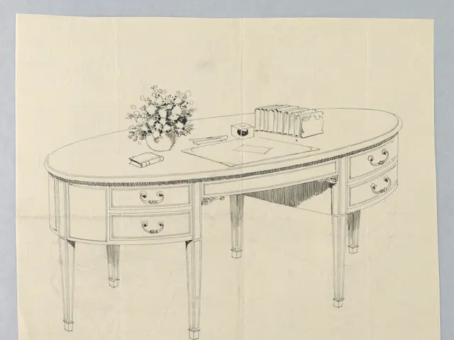 The image shows a drawing of a desk with drawers and a vase of flowers on top. On the desk there is...