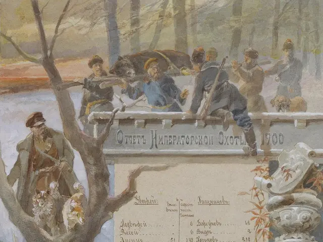 The image shows a painting of a group of people in the snow, with a tree in the background. On the...