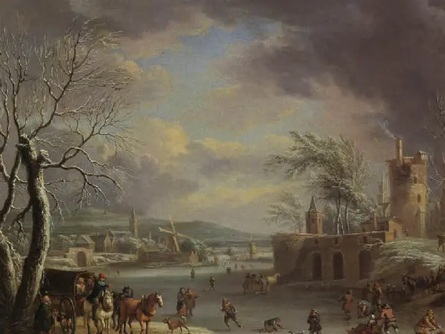 The image shows a winter landscape with figures skating on a frozen river, surrounded by trees,...