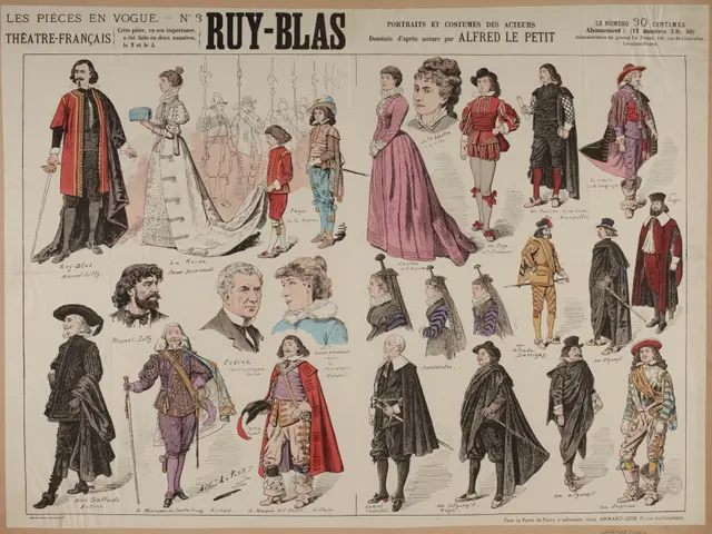 The image shows a paper with pictures of people wearing costumes from the Ruy-Blas Theatre, with...