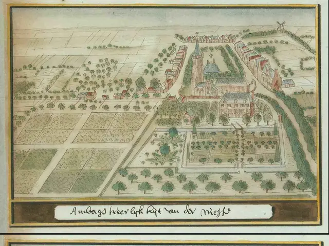 The image shows two pictures of a map of a city with a lot of buildings, trees, and plants. At the...