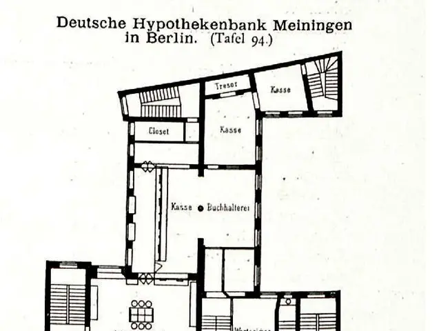 The image shows a drawing of a floor plan of a building with a lot of rooms, which is believed to...