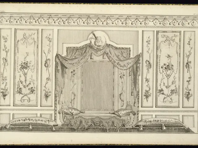 The image shows a drawing of a room with a bed and a window, adorned with pillows and curtains. The...