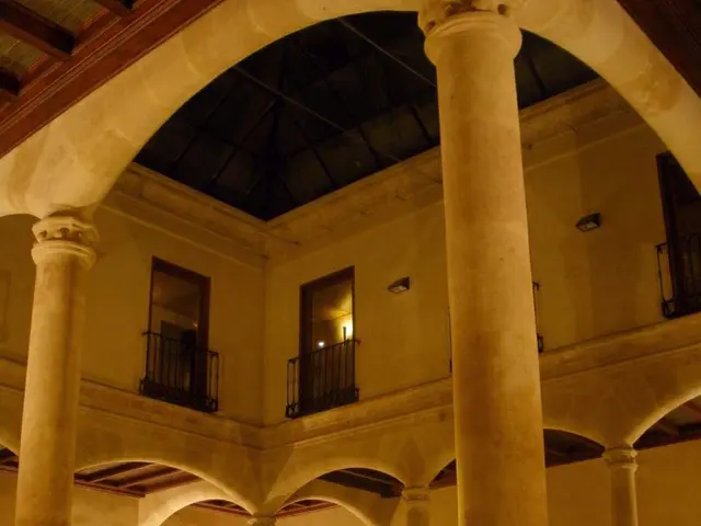 The image shows a large room with a Christmas tree in the middle of it, surrounded by sofas, lamps,...