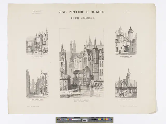 The image shows a black and white drawing of a cityscape with a variety of buildings, including a...
