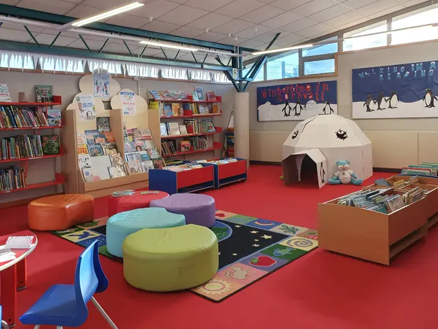 The image shows a room filled with lots of books and furniture, including chairs, tables, stools,...