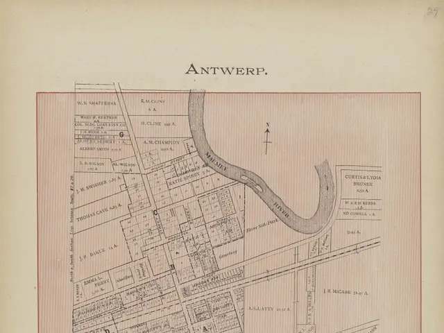 The image shows an old map of the city of Antwerp, Belgium, with a route map and text written on...
