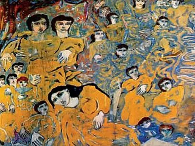 The image shows a painting of a group of people in yellow dresses, painted by Gustav Klimt, which...