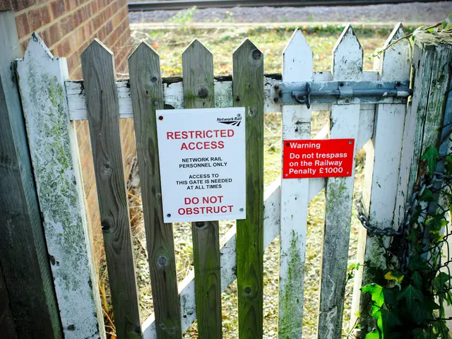 The image shows a wooden fence with a sign on it that reads "Restricted Access" and a chain...