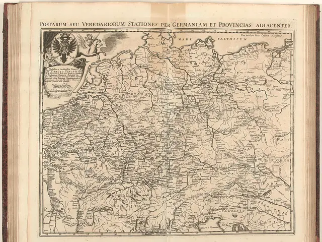 The image shows an open book with a map of Germany on it. The map is detailed and shows various...