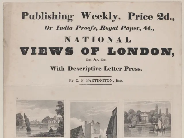 The image shows a paper with pictures and text on it, depicting the National Views of London with...