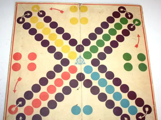 The image shows an old board game with colorful circles on it, set against a white background. The...
