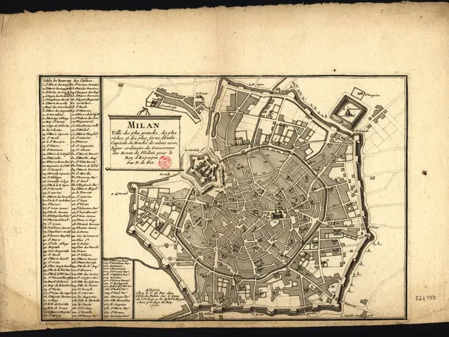 The image shows an old map of the city of Milan, Italy, with a black background. The map is...