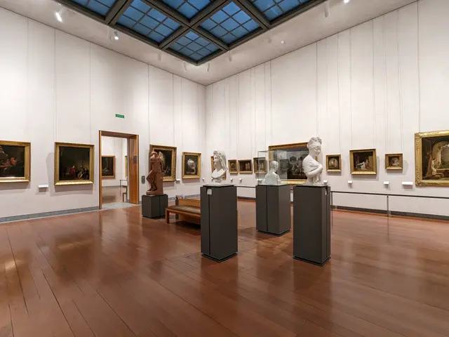 The image shows a large room filled with sculptures on pedestals, a bench, a door, a signboard, a...