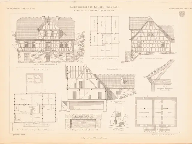 The image shows an old book with a drawing of a house on it. The book contains detailed plans and...