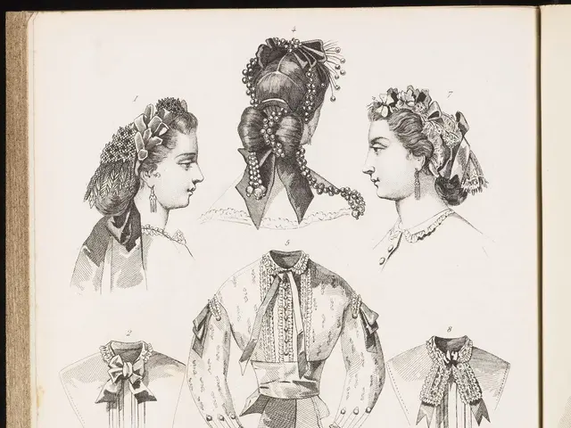 The image shows an open book with a drawing of three women wearing different types of dresses, each...