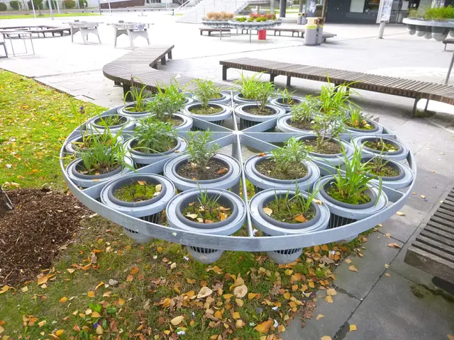 The image shows a circular planter filled with plants sitting on top of a sidewalk surrounded by...