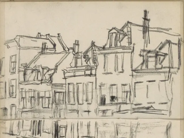 The image shows a book with a drawing of a row of houses on it. The houses are drawn in detail,...