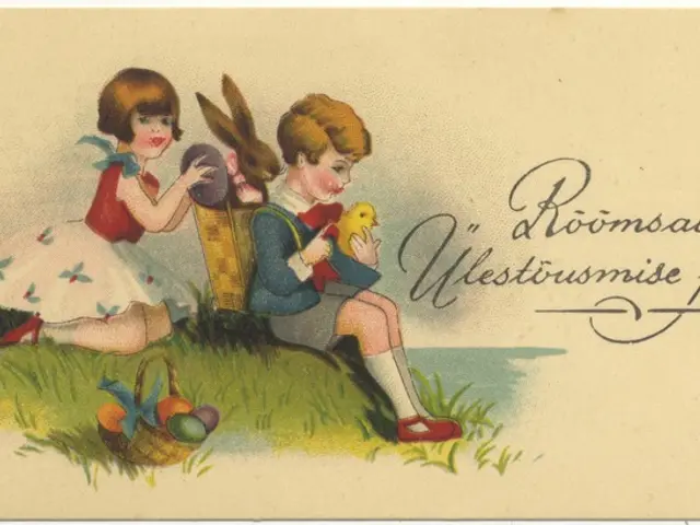 The image shows an old postcard with two children sitting on the grass, one of them holding a...