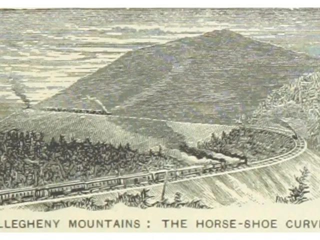 The image shows a poster of Allegheny Mountains, the horse-shoe curve, with a train on the track,...
