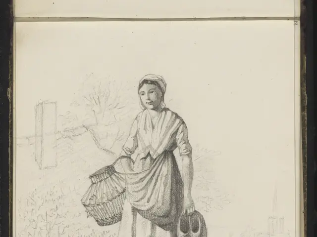 The image shows a woman standing with a basket in one hand and a pair of shoes in the other. She...