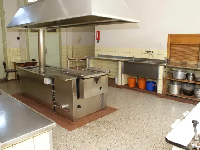 The image shows a kitchen with stainless steel counter tops, a sink with a tap, utensils in the...