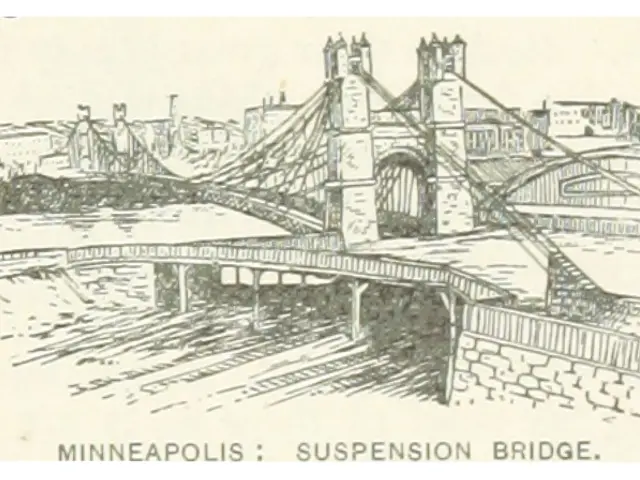 The image shows a drawing of the Minneapolis Suspension Bridge, with its intricate details of the...