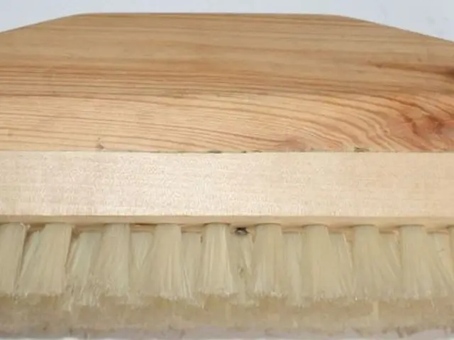 The image shows a wooden brush with white bristles on a white background. The brush has a wooden...