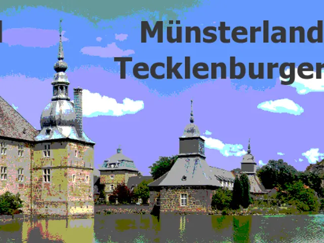 The image shows a portal in Münsterland and Tecklenburger Land, with buildings, trees, plants,...