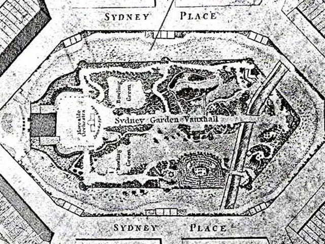 The image shows a black and white drawing of a plan of a garden in the middle of a city, with text...