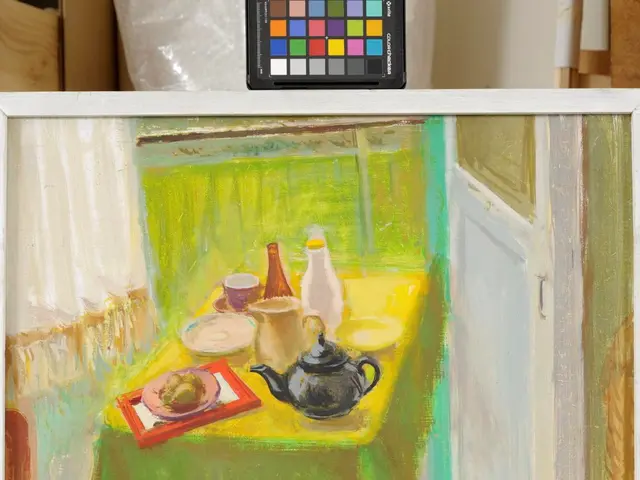 The image shows a painting of a table with a teapot, cups, saucers, plates, and other objects on...