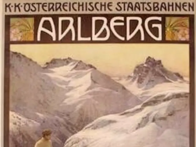 The image shows a poster advertising a winter sport in the Austrian Alps. It features a person on...