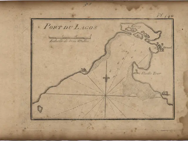 The image shows an old map of the port of Lagos, with text written on it. The map is detailed,...