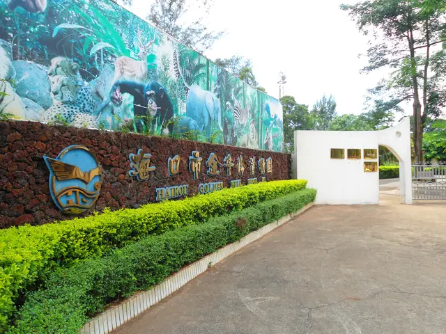 The image shows the entrance to a zoo with a large mural on the side of it. There are plants and a...